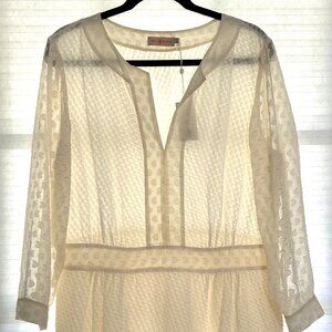 Tory Burch New Ivory Romantic Dress, Flocked Dot, V-Neck, Long Sleeve, Size 14